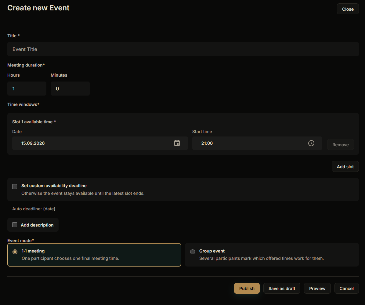 Create event screen